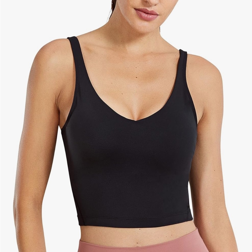 CRZ YOGA Women’s Longline V Neck White Tank Top w/ Built In Bra